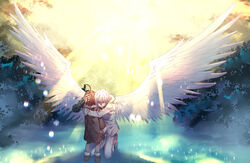  1boy accelerator_(toaru_majutsu_no_index) ahoge albino aneunyeoja angel_wings boots breasts brown_coat brown_footwear brown_hair coat energy energy_wings feathered_wings feathers female fur-trimmed_boots fur-trimmed_hood fur-trimmed_sleeves fur_trim hood hug kneeling large_breasts last_order_(toaru_majutsu_no_index) long_sleeves magic mittens outdoors pants psychic red_eyes scenery short_hair sky snow spread_wings standing toaru_majutsu_no_index tree white_coat white_hair white_pants white_wings wings winter winter_clothes winter_coat 