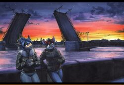  2023 absurd_res anthro biped black_bars black_body black_fur black_hair blue_eyes blue_hair bridge canid canine clothed clothing detailed_background drawbridge duo ewgengster_(artist) female fish fox fully_clothed fur hair hi_res letterbox male mammal marine mutlicolored_hair outside red_eyes red_hair river saryn_(srinon) shark sky sunset tales_foxdale_(character) tan_body traditional_media_(artwork) white_body white_fur 