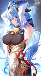  absurdres armpits arms_up artist_name bad_id bad_twitter_id bare_shoulders bell black_gloves black_legwear blue_hair blush bow breasts chinese_knot covered_navel covered_nipples detached_sleeves female flower_knot from_side ganyu_(genshin_impact) genshin_impact gloves gold_trim highres horns large_breasts long_hair looking_at_viewer low_ponytail multicolored_eyes neck_bell parted_lips red_rope rope sideboob sidelocks sky solo standing star_(sky) starry_sky tassel teltelhousi thighlet twitter_username very_long_hair vision_(genshin_impact) white_sleeves 