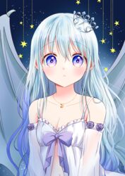  :o blue_background blue_hair blush bow breasts choppy_bangs cleavage collarbone commentary crescent crescent_necklace crown detached_sleeves female hair_between_eyes highres jewelry large_wings light_blue_hair lingerie long_hair long_sleeves looking_at_viewer necklace original parted_lips purple_bow purple_eyes sidelocks solo symbol-only_commentary tiramisu651 underwear upper_body wings 