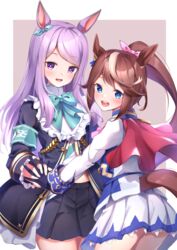  2girls absurdres animal_ears armband blue_eyes blush brown_hair cape highres horse_ears horse_girl horse_tail long_hair looking_at_viewer mejiro_mcqueen_(umamusume) multiple_girls open_mouth ponytail purple_eyes purple_hair ribbon simple_background tail tokai_teio_(umamusume) tsujiya_okuyasu umamusume 