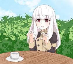  blue_sky chirun0 cloud commentary cup day english_commentary female fire_emblem fire_emblem:_three_houses garreg_mach_monastery_uniform long_hair long_sleeves lysithea_von_ordelia open_mouth outdoors pink_eyes plate sky solo table teacup uniform white_hair 