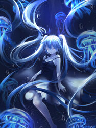  absurdly_long_hair absurdres air_bubble barefoot black_dress blue_bow blue_hair bow breasts bubble cleavage closed_eyes closed_mouth collarbone dress female floating_hair hair_between_eyes hairbow hatsune_miku highres jellyfish long_hair noneon319 off_shoulder shinkai_shoujo_(vocaloid) short_dress signature sleeveless sleeveless_dress small_breasts solo underwater very_long_hair vocaloid 