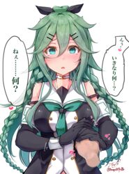  absurdres aqua_eyes aqua_hair baileys_(tranquillity650) black_gloves black_ribbon black_serafuku blush braid breast_poke breasts commentary dated elbow_gloves female gloves green_neckerchief hair_between_eyes hair_flaps hair_ornament hair_ribbon hairclip hands heart highres kantai_collection long_hair medium_breasts meme molestation neckerchief nipple_guessing_game_(meme) open_mouth poking ponytail ribbon school_uniform serafuku signature simple_background solo_focus speech_bubble translated twin_braids twitter_username upper_body white_background yamakaze_(kancolle) yamakaze_kai_ni_(kancolle) 