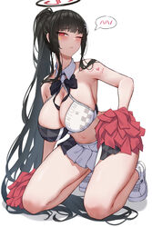  ;) absurdres alternate_costume alternate_hairstyle bad_id bad_pixiv_id black_hair black_skirt blue_archive blush breasts cleavage commentary_request detached_sleeves female hair_ornament hairclip halo high_ponytail highres large_breasts long_hair midriff millennium_cheerleader_outfit_(blue_archive) navel neck_ribbon one_eye_closed pleated_skirt pom_pom_(cheerleading) ponytail red_eyes ribbon rio_(blue_archive) sideboob simple_background skirt smile solo star_(symbol) stomach thighs very_long_hair white_background white_skirt yukiaka 