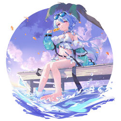  aqua_jacket arm_support bare_shoulders barefoot belt bikini black_belt blue_sky braid cloud cloudy_sky eyewear_on_head feet female food frilled_bikini frills full_body gradient_sky hand_up highres holding jacket knees_together_feet_apart legs long_hair looking_to_the_side machico_maki nail_polish navel off_shoulder open_mouth original outdoors palm_tree pier pink_eyes popsicle purple_skirt qiya_(kia_098) see-through see-through_jacket shadow sitting skirt sky soaking_feet solo splashing stomach swimsuit thighs toenail_polish toenails toes tree wet white_bikini 