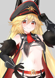  absurdres animal_ears arm_up armpits ascot bare_shoulders belt black_gloves black_hat black_panties blonde_hair breast_curtains breasts commentary_request elbow_gloves female gloves grey_background hair_between_eyes hand_on_own_hip hashiko_nowoto hat highres himitsu_kessha_schwarzschild long_hair looking_at_viewer medium_breasts micro_shorts navel no_bra oerba_yun_fang panties peaked_cap red_ascot red_eyes revealing_clothes shorts sleeveless smile solo stomach toudou_chloe underboob underwear upper_body v-shaped_eyebrows virtual_youtuber 