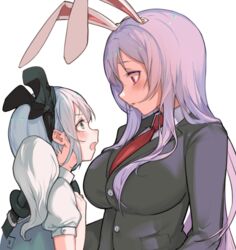  2girls animal_ears bad_id bad_twitter_id black_bow black_bowtie black_hairband blazer blush bob_cut bow bowtie breasts buttons closed_mouth collared_shirt commentary_request eyelashes green_eyes green_vest hairband jacket katana konpaku_youmu large_breasts light_purple_hair long_hair looking_at_another multiple_girls necktie open_mouth puffy_short_sleeves puffy_sleeves rabbit_ears red_eyes red_necktie reisen_udongein_inaba scabbard sheath shirt short_hair short_sleeves sidelocks simple_background soku_(bluerule-graypray) standing suit_jacket sweatdrop sword touhou upper_body vest weapon weapon_on_back white_background white_hair white_shirt wing_collar yuri 