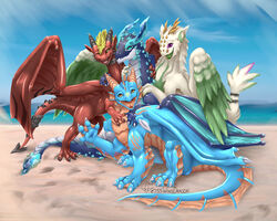  2019 5:4 beach blonde_hair claws day detailed_background digital_media_(artwork) dragon european_mythology feathered_dragon feathered_scalie feathered_wings feathers feral fur furred_dragon furred_scalie group hair horn male membrane_(anatomy) membranous_wings mythological_creature mythological_scalie mythology open_mouth outside sand scales scalie seaside shoreline sky spines tail teeth tongue water weiss_winddragon_(weisswinddragon) weisswinddragon western_dragon wings 