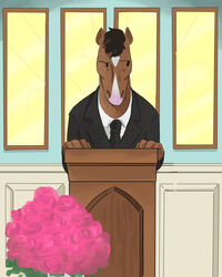  2018 anthro black_mane bojack_horseman bojack_horseman_(character) diamond_(marking) equid equine facial_markings flower funeral head_markings hi_res horse ink_pocket lectern male mammal mane markings necktie netflix plant solo window 