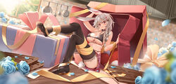  animal_ears arm_ribbon black_bra black_choker black_thighhighs blue_flower blue_rose blush box bra braid breasts chocolate choker cleavage clouble commentary_request female flower frying_pan gift gift_box grey_hair hair_between_eyes hair_ornament hairclip highres indoors large_breasts leg_ribbon lingerie long_hair no_shoes official_art petals plaid plaid_skirt rabbit_ears rabbit_girl rabbit_tail red:_pride_of_eden ribbon rose rose_petals shy_(pride_of_eden) side_braid skirt solo surprised tail thighhighs tile_wall tiles underboob underwear white_flower white_rose window yellow_ribbon 