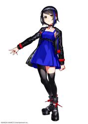  ankle_boots arms_at_sides asymmetrical_legwear black_choker black_footwear black_hair black_jacket black_legwear blue_dress blue_hair boots choker closed_mouth denonbu dress female full_body hair_ornament jacket long_sleeves looking_at_viewer mika_pikazo multicolored_hair official_art open_clothes open_jacket seto_mitsuki_(denonbu) short_dress short_hair simple_background single_thighhigh solo standing streaked_hair thighhighs uneven_legwear watermark white_background x_hair_ornament yellow_eyes 