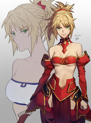  bad_id bad_pixiv_id banababa bare_shoulders blonde_hair braid breasts fate/apocrypha fate/grand_order fate_(series) female green_eyes hair_ornament hair_scrunchie looking_at_viewer medium_hair mordred_(fate) mordred_(fate/apocrypha) mordred_(memories_at_trifas)_(fate) navel ponytail red_scrunchie scrunchie smile solo sword weapon white_background 