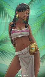  bare_shoulders black_hair breasts brown_eyes chel_(the_road_to_el_dorado) crop_top dark-skinned_female dark_skin earrings female highres holding jewelry lips loincloth long_hair looking_at_viewer medium_bangs midriff navel nocta_felis outdoors pelvic_curtain solo strapless swept_bangs the_road_to_el_dorado thick_thighs thighs treasure tube_top 