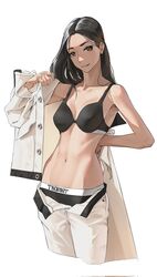  black_bra black_hair bra brown_eyes buttons female highres long_hair navel original pants shirt smile solo tbocart underwear white_background white_pants white_shirt 