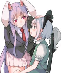  2girls animal_ears bad_id bad_twitter_id bent_over black_bow black_bowtie black_hairband blazer blush bob_cut bow bowtie breasts buttons closed_mouth collared_shirt commentary_request eyelashes flat_chest green_eyes green_vest hairband hand_on_another&#039;s_head hitodama_print jacket katana konpaku_youmu large_breasts light_purple_hair long_hair looking_at_another multiple_girls necktie open_mouth pink_skirt pleated_skirt puffy_short_sleeves puffy_sleeves rabbit_ears red_eyes red_necktie reisen_udongein_inaba scabbard sheath shirt short_hair short_sleeves sidelocks simple_background skirt smile soku_(bluerule-graypray) standing suit_jacket sweatdrop sword touhou upper_body vest weapon weapon_on_back white_background white_hair white_shirt wing_collar yuri 