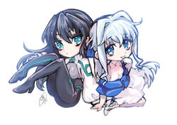  2girls aqua_eyes black_hair blue_eyes blue_hair chibi erinashi_kin fetal_position gundam gundam_build_divers gundam_build_divers_re:rise highres holding_hands looking_at_viewer looking_to_the_side may_(gundam_build_divers_re:rise) multiple_girls sara_(gundam_build_divers) white_background 