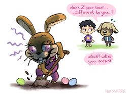  2020 animal_crossing anthro asking asking_another asking_for_clarity asking_what barefoot big_ears black_eyebrows black_hair black_nose bodily_fluids bottomless bottomwear bow_tie brown_body brown_fur brown_tail buckteeth canid canine canis clothed clothing cosplay crossover dialogue digging dirt domestic_dog easter easter_egg egg ellipsis emanata english_text eyebrows eyelashes feet five_nights_at_freddy&#039;s five_nights_at_freddy&#039;s_vr:help_wanted floppy_ears fnaf_vr_help_wanted freckles frown fully_clothed fur glitchtrap group hair hair_over_eyes half-closed_eyes herding_dog hiroshark holidays human lagomorph leporid long_ears long_whiskers looking_aside male mammal multicolored_body multicolored_fur name_drop name_in_dialogue narrowed_eyes nintendo open_mouth overalls pastoral_dog pink_tongue print_clothing print_shirt print_t-shirt print_topwear purple_eyes question question_mark rabbit scared scottgames sheepdog shep_(animal_crossing) shirt short_hair shorts shovel simple_background smile speech_bubble standing star star_clothing star_polygon star_print star_shirt star_t-shirt star_topwear stare sweat t-shirt tail talking_to_another tan_body tan_fur tan_hair tan_skin teeth text tongue tools toony topwear vest villager_(animal_crossing) wave_emanata whiskers white_background yes-no_question zipper_t._bunny 