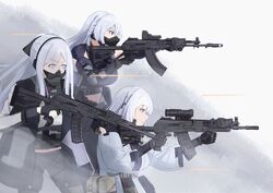  3girls absurdres ak-12 ak-12_(girls&#039;_frontline) ak-15 ak-15_(girls&#039;_frontline) assault_rifle cyka finger_on_trigger fingerless_gloves firing girls&#039;_frontline gloves grip gun highres kalashnikov_rifle light_machine_gun mask mouth_mask multiple_girls rifle rpk-16 rpk-16_(girls&#039;_frontline) scope tactical_clothes trigger_discipline unusually_open_eyes weapon white_hair 