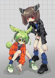  2girls :3 absurdres alternate_costume arm_between_legs black_collar black_jacket black_necktie black_shorts black_skirt blue_leg_warmers blue_shirt blunt_bangs blush collar collared_shirt commentary full_body green_hair grey_background grey_shirt grid_background hand_on_own_hip headgear highres jacket kokage_uyuri leaning_forward leather leather_jacket leg_warmers long_hair long_sleeves looking_at_viewer loose_necktie low_ponytail medium_hair miniskirt multiple_girls necktie o-ring o-ring_thigh_strap open_clothes open_jacket open_mouth orange_jacket pea_pod popped_collar red_eyes shirt shoes shorts skirt smile sneakers squatting standing thigh_strap touhoku_kiritan twintails voiceroid voicevox yellow_eyes zundamon 