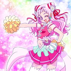  ;d back_bow bow clothing_cutout clover_earrings commentary cone_hair_bun cure_yell dress earrings female flower hair_bun hair_flower hair_ornament hair_ribbon hand_on_own_hip heart heart_hair_ornament heart_pouch holding holding_pom_poms hugtto!_precure jewelry long_hair looking_at_viewer magical_girl midriff multicolored_background navel navel_cutout nono_hana one_eye_closed open_mouth pink_dress pink_eyes pink_hair pleated_dress pom_pom_(cheerleading) pouch precure red_lips red_ribbon ribbon see-through see-through_sleeves short_dress shoulder_cutout smile solo sparkle standing thick_eyelashes thighhighs tiara white_bow white_thighhighs zerolay 