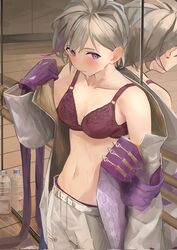  bad_id bad_twitter_id blush bottle bra breasts closed_mouth collarbone commentary_request commission contender_(girls&#039;_frontline) contender_(opera_ghost)_(girls&#039;_frontline) cowboy_shot female girls&#039;_frontline gloves grey_hair highres jaaku_(ra_9rara) long_sleeves medium_breasts mirror multicolored_hair navel official_alternate_costume open_clothes pants purple_eyes purple_gloves purple_hair reflection skeb_commission solo streaked_hair sweat underwear white_pants 