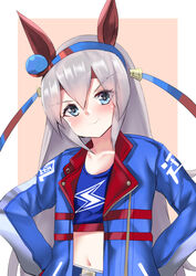  animal_ears blue_eyes blue_hairband blue_jacket brown_background collarbone commentary_request crop_top female grey_hair hair_between_eyes hairband hands_up head_tilt highres horse_ears jacket long_sleeves navel open_clothes open_jacket setu_(shining12) solo tamamo_cross_(umamusume) two-tone_background umamusume upper_body v-shaped_eyebrows white_background 