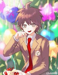  1boy :d ahoge bad_id bad_twitter_id balloon brown_eyes brown_hair brown_jacket cake cake_slice collared_shirt commentary danganronpa:_trigger_happy_havoc danganronpa_(series) food hajime_(gitoriokawaii) jacket long_sleeves looking_at_viewer male_focus naegi_makoto necktie open_mouth red_necktie school_uniform shirt short_hair sitting smile solo twitter_username upper_body white_shirt 