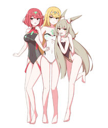  3girls adapted_costume animal_ears arm_around_shoulder bare_legs bare_shoulders barefoot blonde_hair breasts cat_ears chest_jewel chirun0 cleavage grey_hair highleg highleg_swimsuit highres locked_arms long_hair looking_at_viewer multiple_girls mythra_(radiant_beach)_(xenoblade) mythra_(xenoblade) nia_(blade)_(xenoblade) nia_(xenoblade) official_alternate_costume one-piece_swimsuit pyra_(pro_swimmer)_(xenoblade) pyra_(xenoblade) red_hair short_hair smile standing strapless strapless_one-piece_swimsuit swimsuit thigh_gap tiara very_long_hair xenoblade_chronicles_(series) xenoblade_chronicles_2 