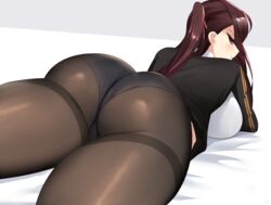  ass ass_focus bad_id bad_pixiv_id black_panties black_pantyhose breasts brown_hair female girls&#039;_frontline hair_ribbon half_updo highres large_breasts long_hair lying on_stomach one_side_up panties panties_under_pantyhose pantyhose red_eyes red_ribbon ribbon sana!rpg solo thighband_pantyhose underwear wa2000_(girls&#039;_frontline) 