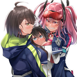  1boy 2girls @_@ age_difference ahoge azur_lane baltimore_(azur_lane) bikini bikini_under_clothes black_choker black_hair black_shirt blue_coat blush braid breast_press breasts bremerton_(azur_lane) brown_hair buckle choker cleavage closed_mouth clothing_cutout coat collarbone commander_(azur_lane) commentary_request covered_nipples cowboy_shot crop_top crop_top_overhang crossed_bangs ear_piercing eyewear_on_head french_braid girl_sandwich grey_hair grin hair_between_eyes hair_ornament highres hood hood_down hooded_coat jacket large_breasts lifebuoy_ornament little_boy_commander_(azur_lane) long_hair long_sleeves looking_at_another military military_jacket military_uniform mole mole_under_eye multicolored_coat multicolored_hair multiple_girls naval_uniform onee-shota open_clothes open_coat oriue_wato parted_lips piercing pink_bikini pink_eyes pink_hair profile red-tinted_eyewear sandwiched shirt short_hair sidelocks simple_background smile snap-fit_buckle steam straight streaked_hair sunglasses sweat swimsuit teeth tinted_eyewear twintails two-tone_hair two-tone_shirt underboob underboob_cutout uniform white_background white_jacket white_shirt yellow_eyes 