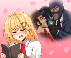  2boys acefish blonde_hair blu_spy_(tf2) blush book cigarette closed_eyes commentary drooling english_commentary female fujoshi hair_ornament heart heart_background holding holding_book hololive hololive_english imagining lighter multiple_boys necktie open_mouth pink_background reading red_necktie red_sniper_(tf2) shirt smile sniper_(tf2) spy_(tf2) team_fortress_2 virtual_youtuber watson_amelia watson_amelia_(1st_costume) white_shirt yaoi 