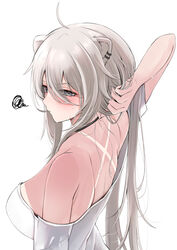  ahoge animal_ear_piercing animal_ears back bare_shoulders black_choker blush breasts choker ear_piercing earclip female from_behind grey_eyes grey_hair hair_between_eyes highres holding_own_hair hololive large_breasts lion_ears lion_girl long_hair looking_at_viewer messy_hair nerorigogo official_alternate_costume piercing shirt shishiro_botan shishiro_botan_(casual) sideboob simple_background solo sunburn sweat t-shirt tan tanlines upper_body virtual_youtuber white_background white_shirt 