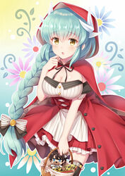  alternate_costume bare_arms basket black_ribbon blush breasts cleavage commentary_request cosplay dragon_horns dress fate/grand_order fate_(series) female floral_print fujimaru_ritsuka_(male) hair_between_eyes highres holding holding_basket horns kiyohime_(fate) large_breasts little_red_riding_hood long_braid long_hair looking_at_viewer marie_antoinette_(fate) marie_antoinette_(fate)_(cosplay) marie_antoinette_(festival_outfit)_(fate) marie_antoinette_(festival_outfit)_(fate)_(cosplay) official_alternate_costume open_mouth red_dress red_hood ribbon smile solo suzumia_(daydream) taneda_risa very_long_hair voice_actor_connection 