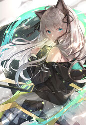  absurdres animal_ears arknights bare_shoulders black_jacket black_ribbon blue_eyes book cat_ears commentary_request female grey_hair hair_ribbon highres holding holding_book jacket long_hair long_sleeves looking_at_viewer mint_(arknights) nagute off_shoulder parted_lips ribbon solo 