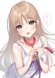  absurdres blush bow brown_eyes brown_hair chain_leash chains collar collarbone dress female highres holding holding_leash holding_own_leash leash long_hair looking_at_viewer mizuiro_32 nightgown nijisanji offering_leash official_alternate_costume open_mouth purple_bow red_collar signature simple_background sister_claire sister_claire_(7th_costume) sleeveless solo translated very_long_hair virtual_youtuber white_background white_dress 