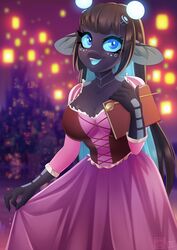  2020 android anthro black_body black_hair blue_eyes blurred_background breasts cleavage clothed clothing dannyckoo dress female g.i.n.a_(judoon) giraffe giraffid hair hi_res long_hair machine mammal open_mouth robot smile solo tresertf 