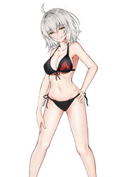  absurdres ahoge bare_shoulders bikini black_bikini breasts cleavage collarbone commentary_request fate/grand_order fate_(series) female grey_hair grin highres jeanne_d&#039;arc_alter_(fate) jeanne_d&#039;arc_alter_(swimsuit_berserker)_(fate) kinyoubi_no_nangong_da large_breasts long_hair looking_at_viewer navel simple_background smile solo swimsuit white_background yellow_eyes 