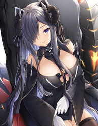  absurdres animal_ears august_von_parseval_(azur_lane) azur_lane bare_shoulders black_dress black_hair black_sleeves breasts brown_thighhighs commentary_request curled_horns detached_sleeves dress fake_animal_ears female gloves hair_over_one_eye highres horns kiri_celea large_breasts long_sleeves looking_at_viewer parted_lips purple_eyes signature sitting sleeveless sleeveless_dress sleeves_past_wrists solo thighhighs white_gloves wide_sleeves 