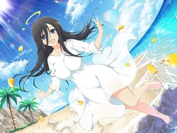  april_fools barefoot beach black_hair blue_eyes blue_sky blush breasts cliff cloud cloudy_sky collarbone covered_groin day dress falling_petals female foam grass groin halo horizon large_breasts lens_flare light_particles long_hair looking_at_viewer ocean official_alternate_costume official_art open_mouth outdoors palm_leaf palm_tree petals rainbow ryouki_(senran_kagura) sand senran_kagura senran_kagura_estival_versus senran_kagura_new_link shiny_skin shore sky smile solo sparkle sunlight third-party_source tongue tree water waves white_dress yaegashi_nan yellow_halo 