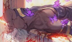  1boy blood bug butterfly collarbone commentary dark-skinned_male dark_skin day english_commentary hades_(game) hand_on_own_forehead highres lying male_focus o3tofu on_back open_mouth pillar short_hair sideways solo sunlight thanatos_(hades) upper_body white_hair 