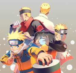  1boy age_progression armband back bad_id bad_twitter_id bandaged_arm bandages black_headband blonde_hair blue_eyes blue_headband boruto:_naruto_next_generations cape closed_mouth curamubuono facial_mark fighting_stance flame_print forehead_protector hand_gesture headband high_collar highres jacket konohagakure_symbol long_sleeves looking_at_viewer multiple_persona naruto naruto:_the_last naruto_(series) naruto_shippuuden rasengan red_scarf scarf scroll scroll_tube serious smile spiked_hair teeth uzumaki_naruto whisker_markings whiskers zipper zipper_pull_tab 