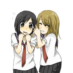  2girls black_hair blonde_hair blush chibi commentary_request couple flustered girl_friends_(manga) happy kumakura_mariko long_hair lowres multiple_girls oohashi_akiko sayuka school_uniform short_hair simple_background smile surprised uniform white_background yuri 