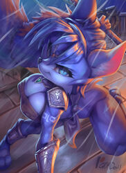  5_fingers anthro armor big_breasts black_nose blue_body blue_eyes blue_fur blue_hair breasts canid canine clothing digital_media_(artwork) digital_painting_(artwork) female fingers fox fur hair jewelry krystal&#039;s_staff krystal_(star_fox) looking_at_viewer mammal multicolored_body multicolored_fur necklace nintendo patreon patreon_logo plantigrade pupils raining shaded signature slit_pupils solo star_fox tattoo thefuckingdevil tribal tribal_clothing tribal_tattoo two_tone_body two_tone_fur unconvincing_armor white_body white_fur 