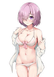  alternate_costume bare_shoulders blush bra breasts chinese_commentary cleavage collarbone commentary fate/grand_order fate_(series) female hair_over_one_eye jacket kinyoubi_no_nangong_da large_breasts light_purple_hair looking_at_viewer mash_kyrielight navel photoshop_(medium) purple_eyes short_hair simple_background solo stomach underwear white_background white_bra white_jacket 