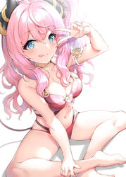  :p absurdres armlet bare_legs barefoot bikini black_scrunchie blue_eyes blurry blush breasts choker collarbone commentary crossed_ankles female hair_ornament hair_scrunchie hand_on_leg heart-shaped_ornament highres horn_ornament horns indian_style long_hair multi-strapped_bikini navel pink_hair princess_connect! red_bikini scrunchie sitting solo suzuna_(princess_connect!) suzuna_(summer)_(princess_connect!) swimsuit tongue tongue_out v v_over_eye wavy_hair white_background xin_(zinc) 