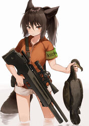  animal animal_ears armband batta_(kanzume_quality) bird black_hair brown_eyes cormorant female gun holding holding_animal holding_bird holding_weapon hood hoodie hunting long_hair looking_at_viewer original ponytail rifle short_shorts shorts simple_background sniper_rifle solo tail wading water weapon 