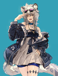  :d animal_ears arknights bare_shoulders blue_background blue_jacket breasts cat_ears cat_tail choker cliffheart_(arknights) cliffheart_(lone_climber)_(arknights) commentary eyewear_on_head fangs female grey_eyes hair_ornament head_tilt infection_monitor_(arknights) jacket jewelry long_hair looking_at_viewer necklace off_shoulder official_alternate_costume open_mouth ryuuzaki_ichi salute shorts simple_background smile sunglasses tail teeth white_hair 