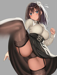  bad_source black_skirt blue_eyes blush breasts brown_hair brown_panties brown_thighhighs clenched_hand closed_mouth collared_shirt corset female flower from_below garter_straps grey_background hair_between_eyes hair_flower hair_ornament hair_strand hairband hand_up high-waist_skirt highres kicking kureha_(ironika) large_breasts long_hair long_skirt long_sleeves looking_at_viewer meme_attire motion_blur original panties pantyshot reversed rose shirt simple_background skirt solo standing standing_on_one_leg striped_clothes striped_thighhighs thighhighs thighs tsubasa_(kureha) underbust underwear upskirt virgin_killer_outfit white_flower white_rose white_shirt wing_collar 