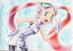  collared_shirt female gloves goggles green_eyes hand_on_own_hip iwane_masaaki long_hair lovrina_(pokemon) open_mouth pantyhose pokemon pokemon_xd red_hair shirt simple_background sleeveless sleeveless_shirt solo twintails v very_long_hair white_gloves 